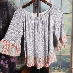 Style & Co Boho Chevron Peasant Top Paisley Trim Blue White Red XS